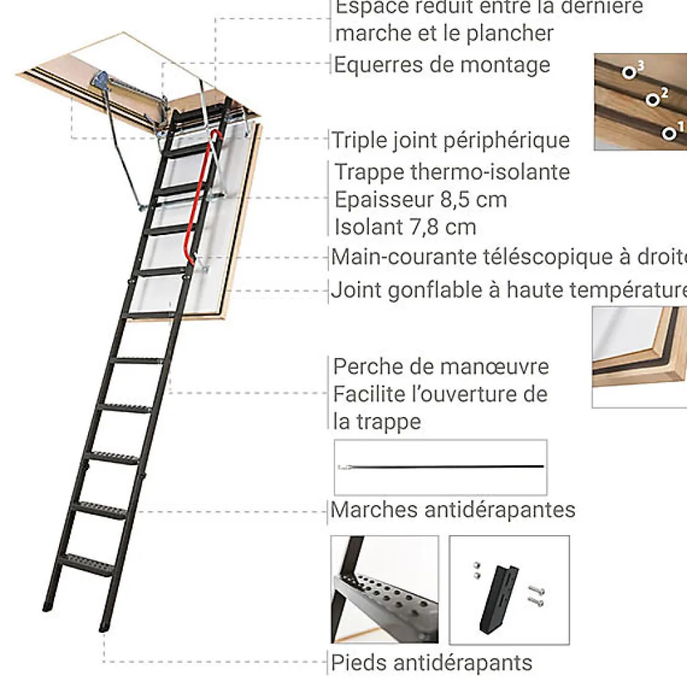 Matisere Echelle coupe feu 60min avec trappe de 70x120cm - Hauteur de 2.33 à 2.80m - LMF60/70120-280- Escalier Escamotable