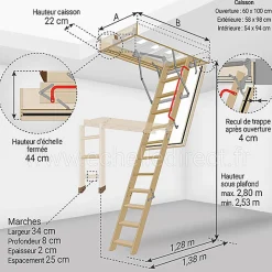 Matisere Echelle coupe feu 60min avec trappe de 60x100cm - Hauteur de 2.53 à 2.80m - LWF60/60100-280- Escalier Escamotable