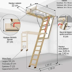 Matisere Echelle coupe feu 60min avec trappe de 70x140cm - Hauteur de 2.42 à 3.05m - LWF60/70140-305- Escalier Escamotable