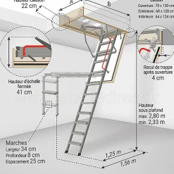 Matisere Echelle coupe feu 60min avec trappe de 70x130cm - Hauteur de 2.33 à 2.80m - LMF60/70130-280- Escalier Escamotable