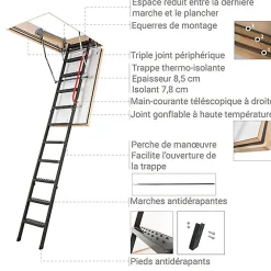 Matisere Echelle coupe feu 60min avec trappe de 70x130cm - Hauteur de 2.33 à 2.80m - LMF60/70130-280- Escalier Escamotable