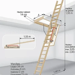 Matisere Escalier Escamotable<Echelle escamotable bois - Trémie de 70 x 130cm - Hauteur de 2.00 à 3.05m - LDK70130/305