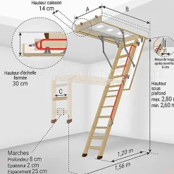 Matisere Echelle escamotable bois - Trémie de 60 x 120cm - Hauteur de 2.60 à 2.80m - LWL60120-2- Escalier Escamotable