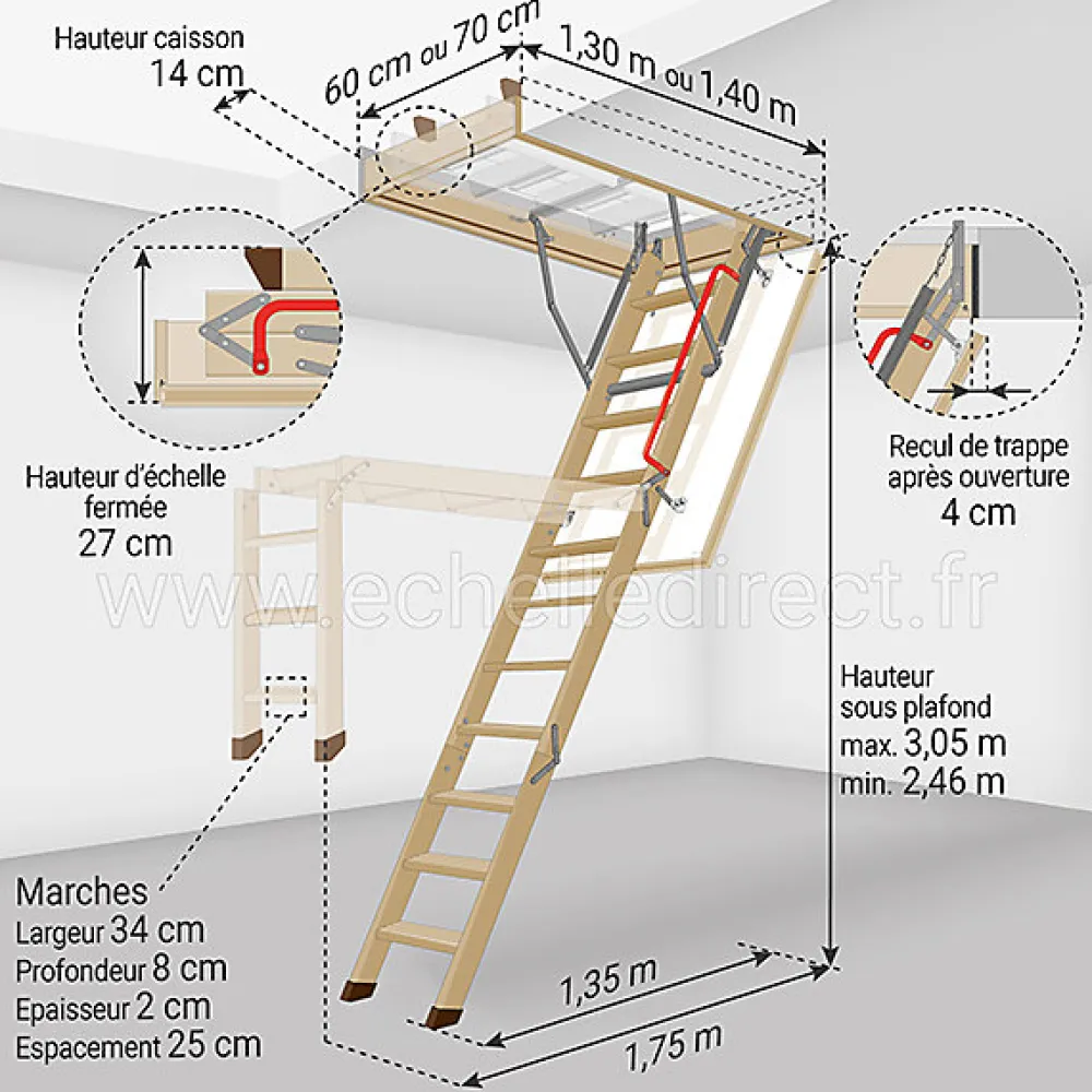 Matisere Escalier Escamotable<Echelle escamotable bois - Trémie de 70 x 130cm - Hauteur de 2.46 à 3.05m - LWK70130-3