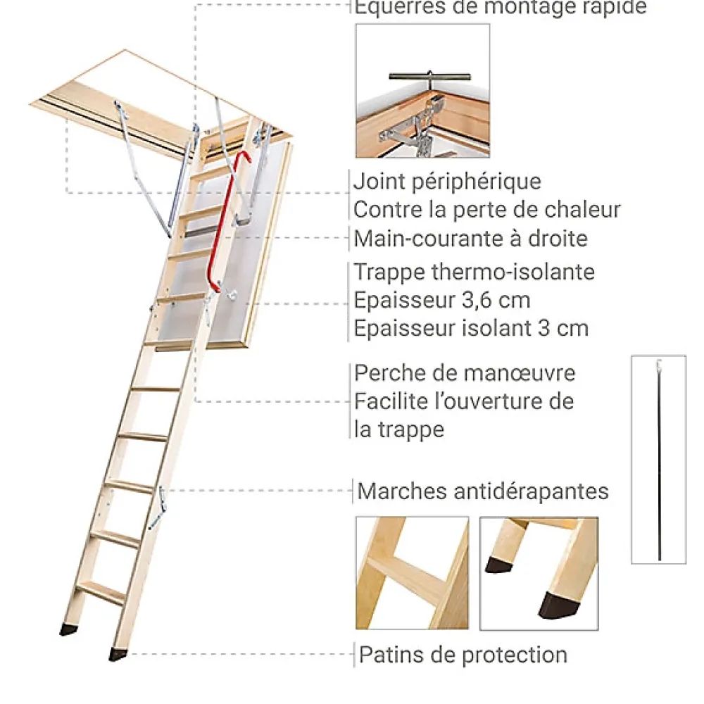 Matisere Echelle escamotable bois - Trémie de 70 x 140cm - Hauteur de 2.32 à 2.80m - LWZ70140-2- Escalier Escamotable
