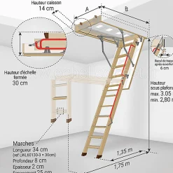 Matisere Escalier Escamotable<Echelle escamotable bois - Trémie de 70 x 130cm - Hauteur de 2.80 à 3.05m - LWL70130-3