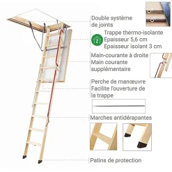 Matisere Escalier Escamotable<Echelle escamotable bois - Trémie de 70 x 130cm - Hauteur de 2.80 à 3.05m - LWL70130-3