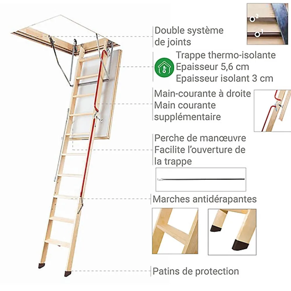 Matisere Escalier Escamotable<Echelle escamotable bois - Trémie de 70 x 130cm - Hauteur de 2.80 à 3.05m - LWL70130-3