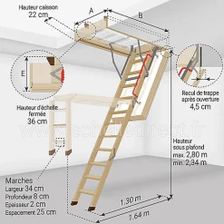 Matisere Escalier Escamotable<Echelle escamotable bois - Trémie de 70 x 120cm - Hauteur de 2.34 à 2.80m - LWT70120-2