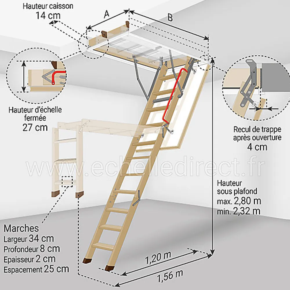 Matisere Echelle escamotable bois - Trémie de 60 x 120cm - Hauteur de 2.32 à 2.80m - LWZ60120-2- Escalier Escamotable