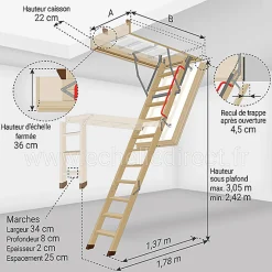 Matisere Escalier Escamotable<Echelle escamotable bois - Trémie de 60 x 130cm - Hauteur de 2.42 à 3,05m - LWT60130-3