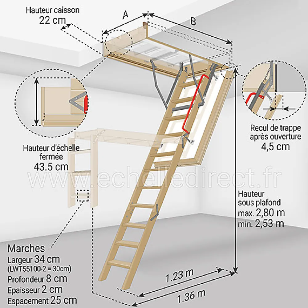 Matisere Escalier Escamotable<Echelle escamotable bois - Trémie de 60 x 100cm - Hauteur de 2.53 à 2.80m - LWT60100-2