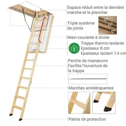 Matisere Echelle escamotable bois - Trémie de 60 x 120cm - Hauteur de 2.34 à 2.80m - LWT60120-2- Escalier Escamotable