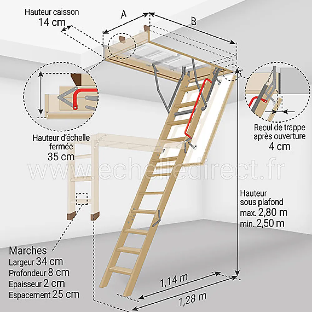 Matisere Echelle escamotable bois - Trémie de 60 x 94cm - Hauteur de 2.50 à 2.80m - LWK6094-2- Escalier Escamotable