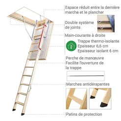 Matisere Echelle escamotable bois - Trémie de 60 x 120cm - Hauteur de 2.35 à 2.80m - LTK60120-2- Escalier Escamotable