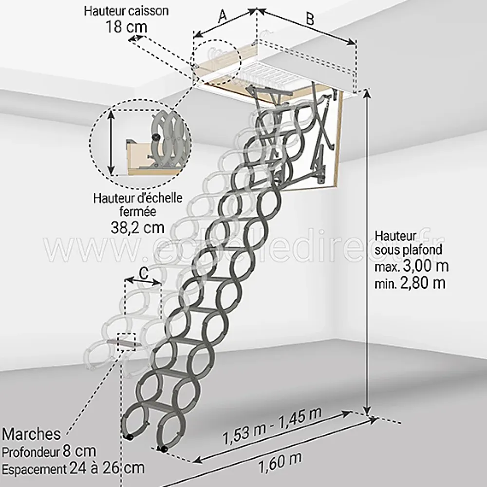 Matisere Escalier Escamotable<Echelle escamotable en métal - Trémie de 51 x 80cm - Hauteur de 2.80 à 3.00m - LST5180-300