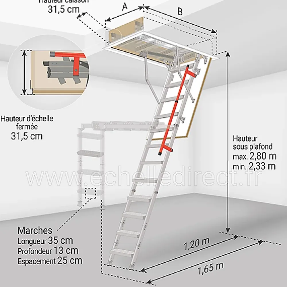 Matisere Echelle escamotable en métal - Trémie de 70 x 130cm - Hauteur de 2.33 à 2.80m - LML70130-2- Escalier Escamotable