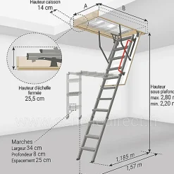Matisere Escalier Escamotable<Echelle escamotable en métal - Trémie de 70 x 120cm - Hauteur de 2.20 à 2.80m - LMK70120-2