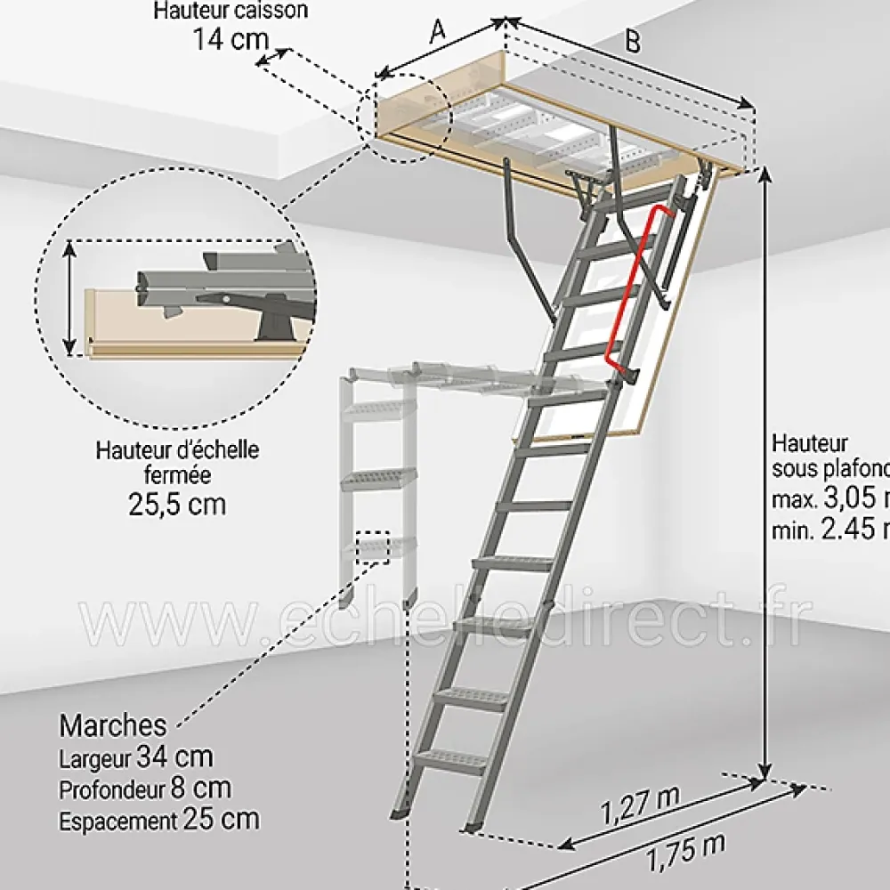 Matisere Escalier Escamotable<Echelle escamotable en métal - Trémie de 70 x 130cm - Hauteur de 2.45 à 3.05m - LMK70130-3