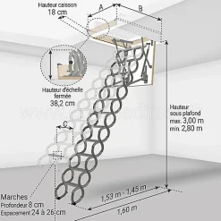 Matisere Echelle escamotable en métal - Trémie de 60 x 90cm - Hauteur de 2.80 à 3.00m - LST6090-300- Escalier Escamotable