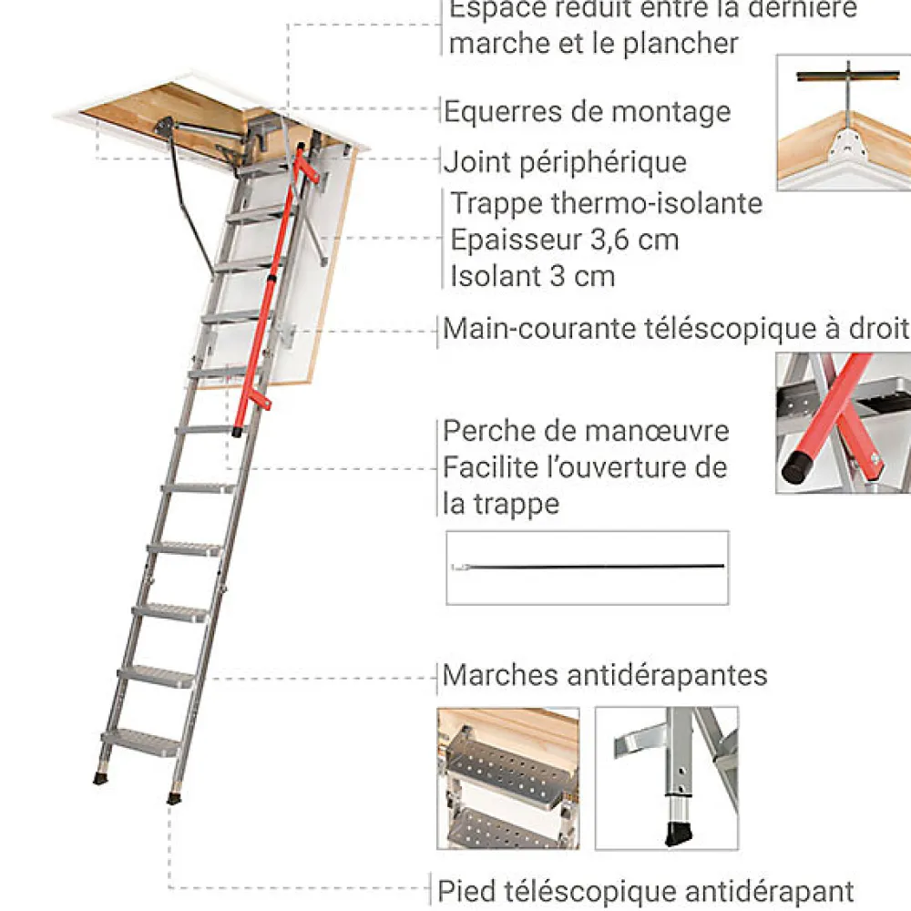 Matisere Echelle escamotable en métal - Trémie de 92 x 130cm - Hauteur de 2.56 à 3.05m - LML92130-3- Escalier Escamotable
