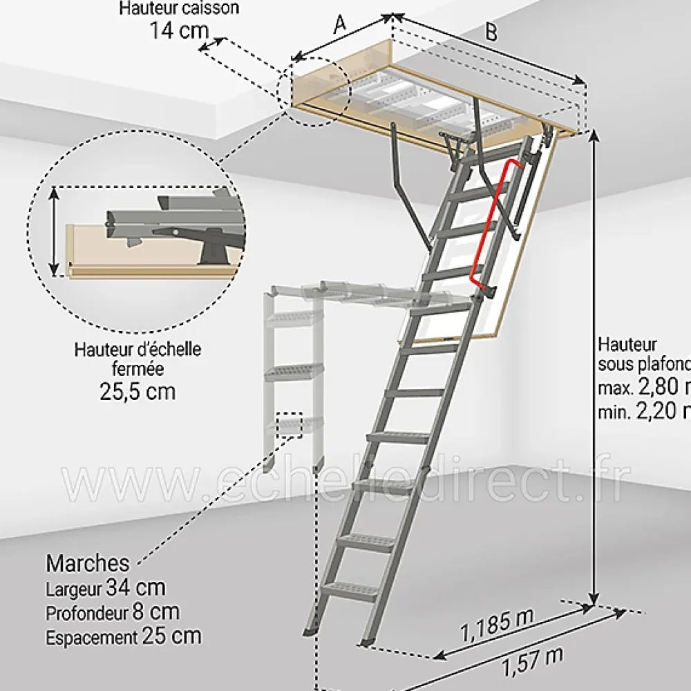 Matisere Escalier Escamotable<Echelle escamotable en métal - Trémie de 70 x 140cm - Hauteur de 2.20 à 2.80m - LMK70140-2