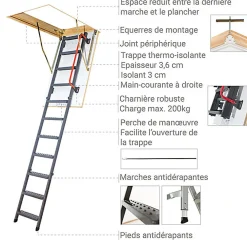 Matisere Escalier Escamotable<Echelle escamotable en métal - Trémie de 70 x 130cm - Hauteur de 2.20 à 2.80m - LMK70130-2