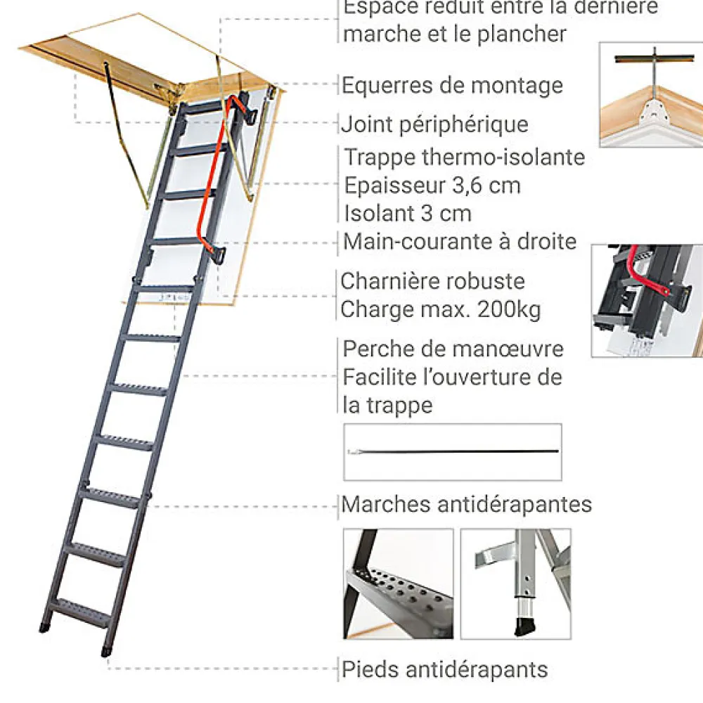 Matisere Escalier Escamotable<Echelle escamotable en métal - Trémie de 70 x 130cm - Hauteur de 2.20 à 2.80m - LMK70130-2