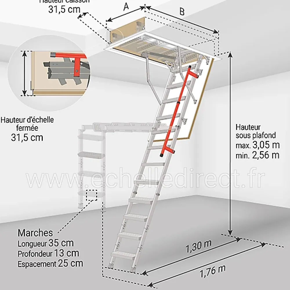 Matisere Echelle escamotable en métal - Trémie de 86 x 130cm - Hauteur de 2.56 à 3.05m - LML86130-3- Escalier Escamotable