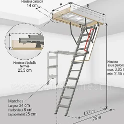 Matisere Escalier Escamotable<Echelle escamotable en métal - Trémie de 60 x 130cm - Hauteur de 2.45 à 3.05m - LMK60130-3