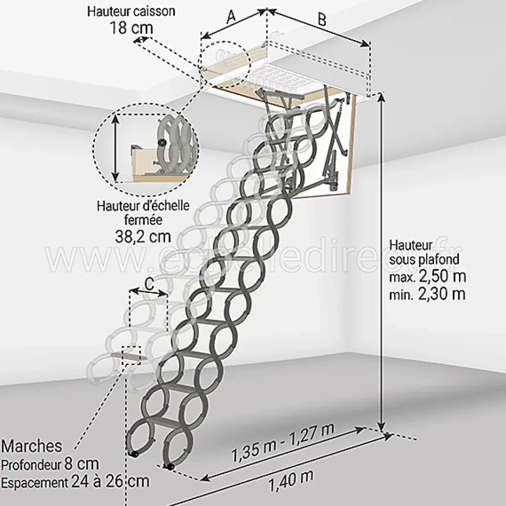 Matisere Escalier Escamotable<Echelle escamotable en métal - Trémie de 70 x 80cm - Hauteur de 2.30 à 2.50m - LST7080/250