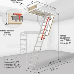 Matisere Escalier Escamotable<Echelle escamotable en métal - Trémie de 60 x 120cm - Hauteur de 2.33 à 2.80m - LML60120-2