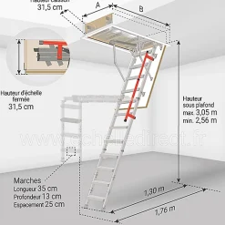 Matisere Echelle escamotable en métal - Trémie de 60 x 130cm - Hauteur de 2.56 à 3.05m - LML60130-3- Escalier Escamotable