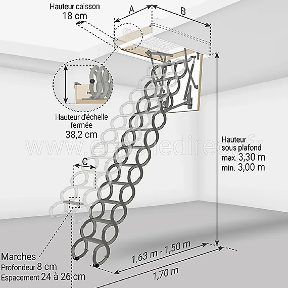 Matisere Escalier Escamotable<Echelle escamotable en métal - Trémie de 70 x 80cm - Hauteur de 3.00 à 3.30m - LST7080/330