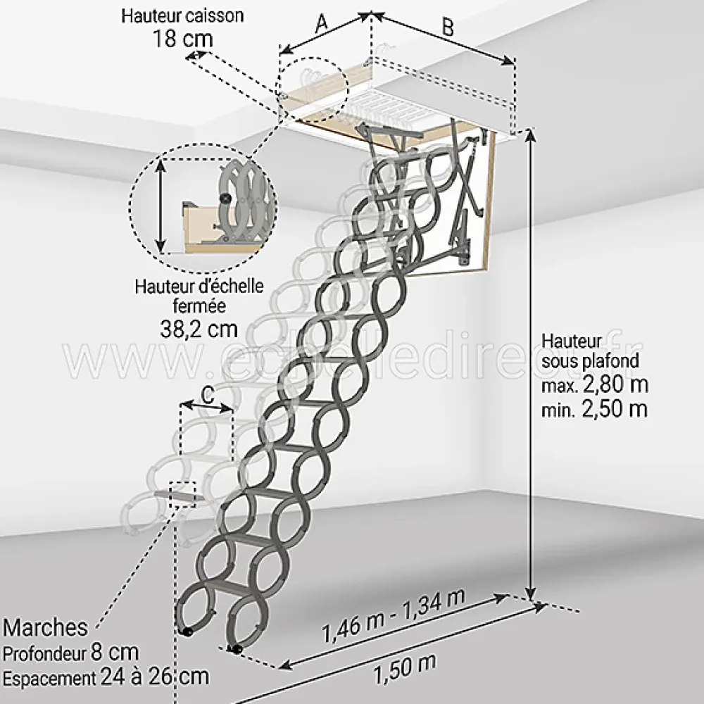 Matisere Echelle escamotable en métal - Trémie de 70 x 80cm - Hauteur de 2.50 à 2.80m - LST7080-280- Escalier Escamotable