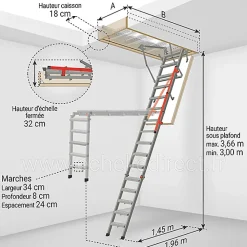 Matisere Escalier Escamotable<Echelle Escamotable Métal - Trappe 86x144cm - Hauteur 3.00 à 3.66m - LMP86144-3