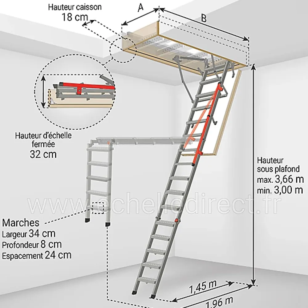 Matisere Escalier Escamotable<Echelle Escamotable Métal - Trappe 60x144cm - Hauteur 3.00 à 3.66m - LMP60144-3