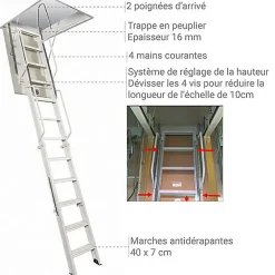 Matisere Echelle Escamotable Métal - Trappe 80x140cm - Hauteur 3.90 à 4.00m - ACI-QUA400/140-80- Escalier Escamotable