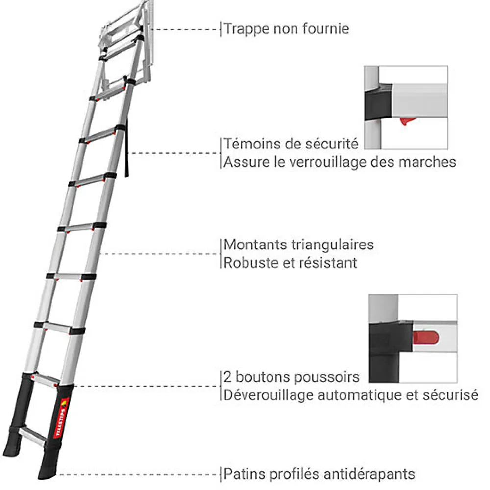 Matisere Echelle télescopique escamotable 9 marches - Hauteur de 2.25 à 2.45m - TEL-72324- Escalier Escamotable