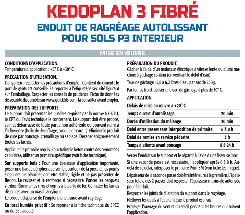 Semin Enduit de Ragréage Autolissant Kedoplan Fibré , Sol Intérieur, sac de 25 kg (lot de 2)- Ragréage Et Primaire Pour Carrelage