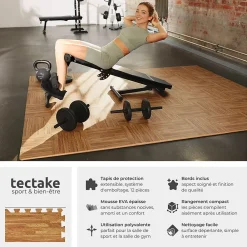Tectake Ensemble de 12 Dalles Carrées Tapis de sol Sport 12 pièces avec 24 bordures imprimé bois- Dalle Pvc Garage