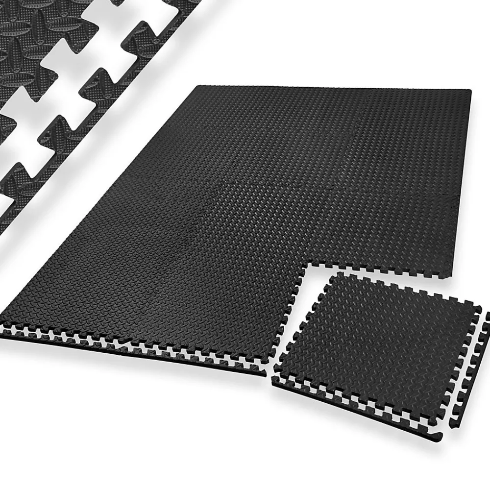 Tectake Ensemble de 12 Dalles Carrées Tapis de sol Sport 12 pièces avec 24 bordures noir- Dalle Pvc Garage