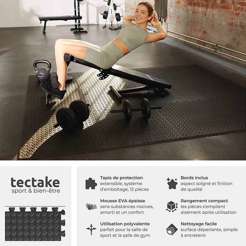 Tectake Ensemble de 12 Dalles Carrées Tapis de sol Sport 12 pièces avec 24 bordures noir- Dalle Pvc Garage