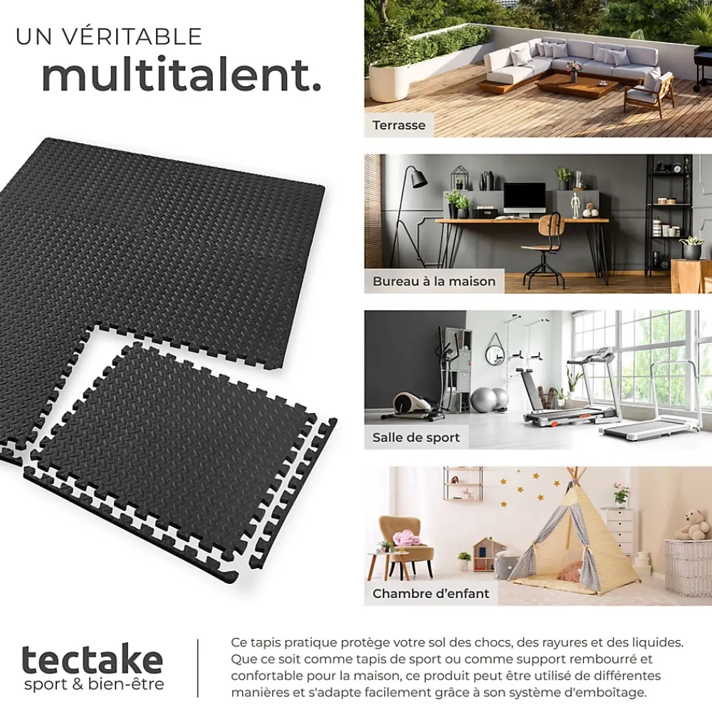 Tectake Ensemble de 12 Dalles Carrées Tapis de sol Sport 12 pièces avec 24 bordures noir- Dalle Pvc Garage