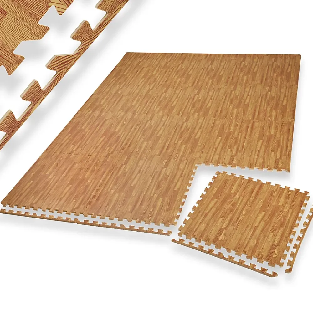 Tectake Ensemble de 24 Dalles Carrées Tapis de sol Sport 24 pièces avec 48 bordures imprimé bois- Dalle Pvc Garage