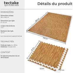 Tectake Ensemble de 24 Dalles Carrées Tapis de sol Sport 24 pièces avec 48 bordures imprimé bois- Dalle Pvc Garage