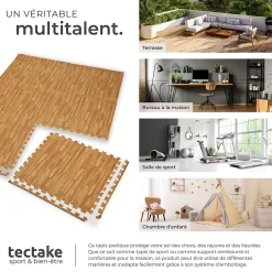 Tectake Ensemble de 24 Dalles Carrées Tapis de sol Sport 24 pièces avec 48 bordures imprimé bois- Dalle Pvc Garage