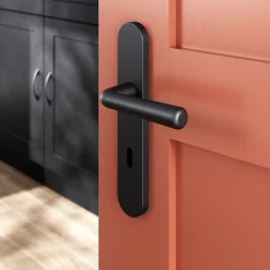 GoodHome Poignée De Porte<Ensemble poignée sur plaque rond serrure Dizel effet nickel mat noir L.121.5mm x l.42mm entraxe 165-195mm