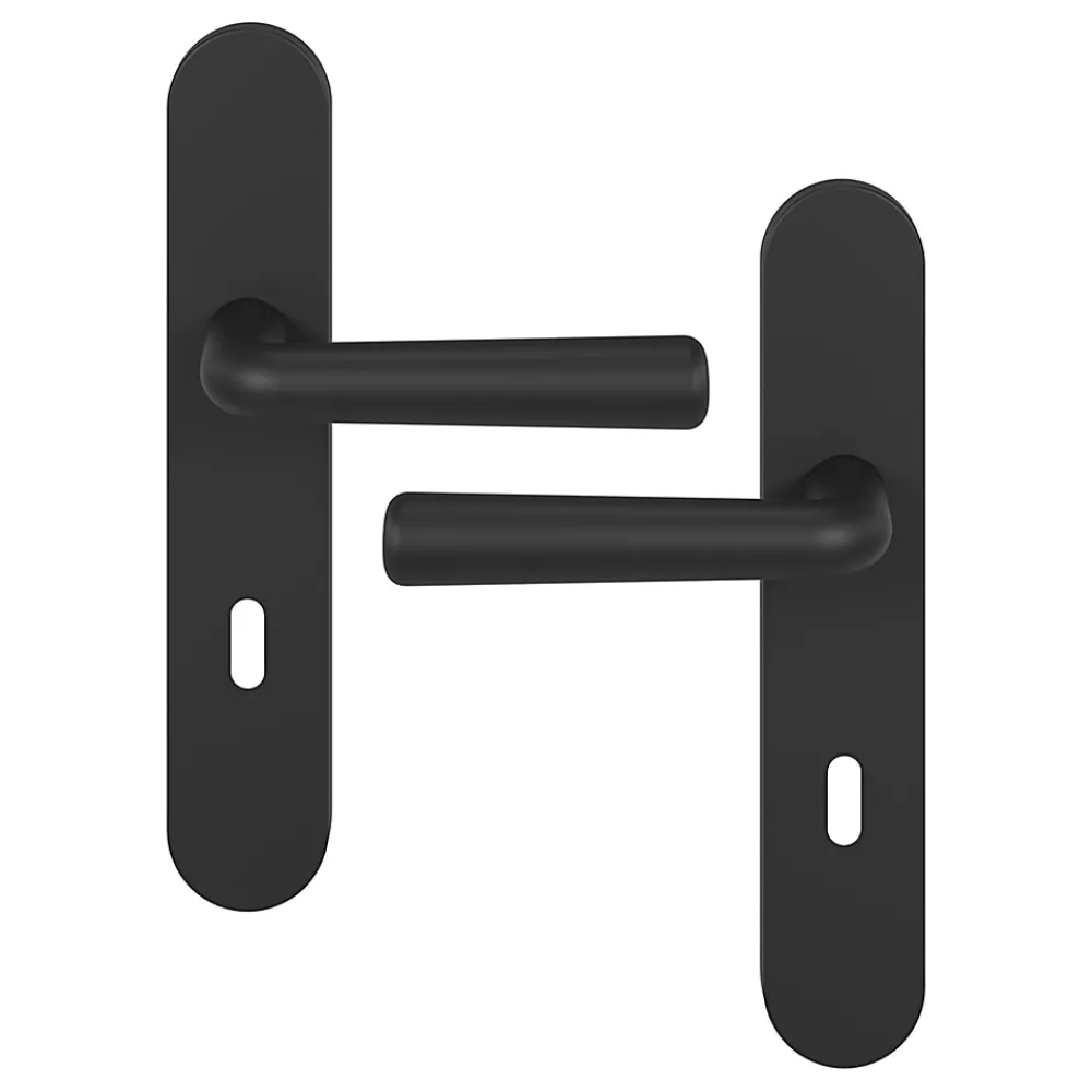 GoodHome Poignée De Porte<Ensemble poignée sur plaque rond serrure Dizel effet nickel mat noir L.121.5mm x l.42mm entraxe 165-195mm