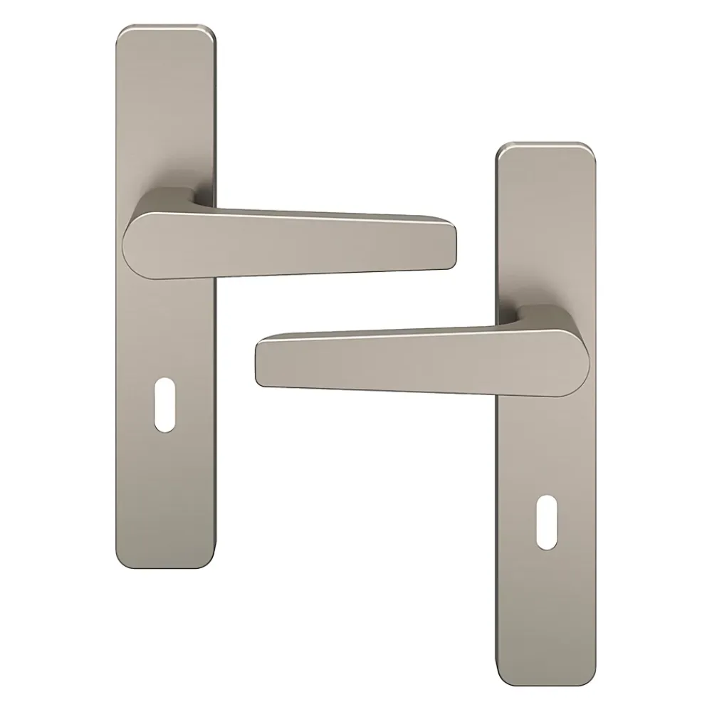 GoodHome Poignée De Porte<Ensemble poignée sur plaque rectangulaire serrure Kerver effet nickel satin gris L.128mm x l.42mm entraxe 165-195mm